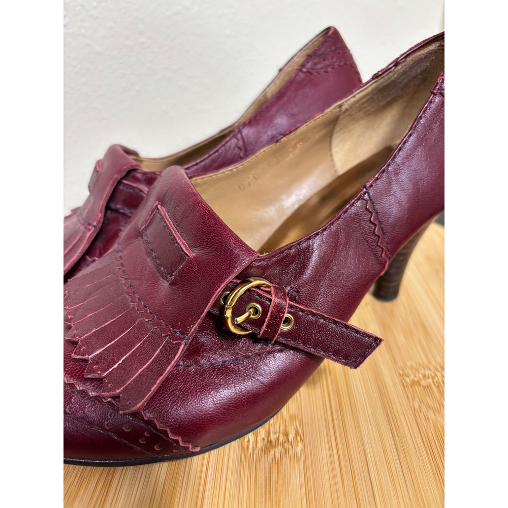 All Black Kiltie Loafer Pumps 38.5 Burgundy Leather Brogue‎ Buckle Heels 7.5-8 - Picture 6 of 15